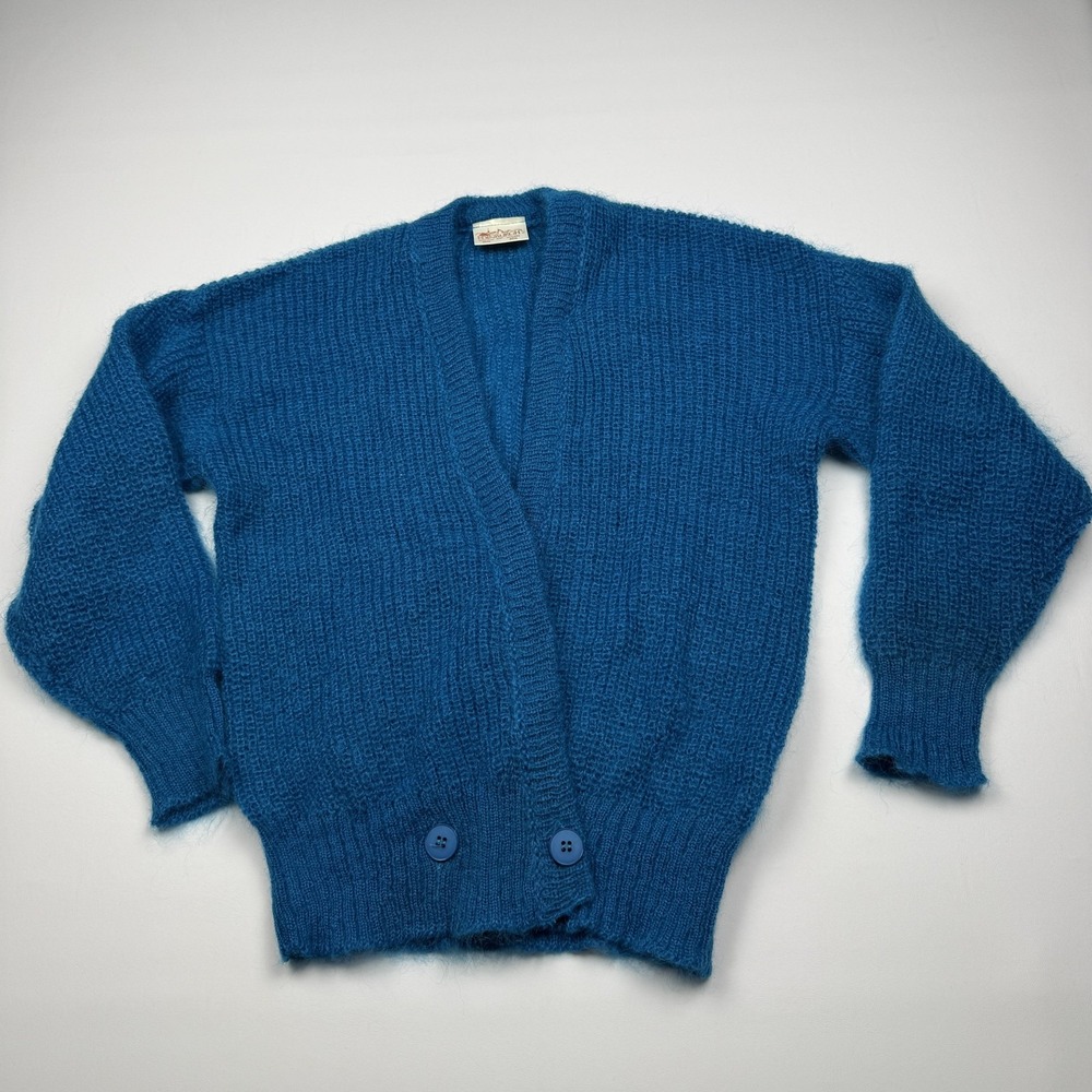 Edinburgh Cardigan Sweater Womens Medium Blue Mohair Nylon V Neck Button Knit
